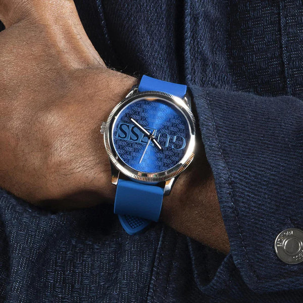 Guess Men's Silver Stainless Steel, Blue Silicone | Gw0726g1 by i-watch
