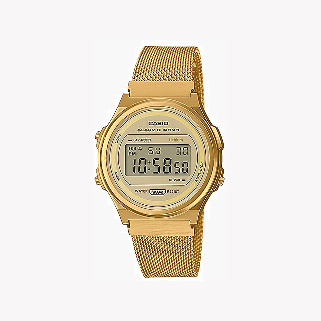 CASIO A171WEMG-9A GOLD RUSH - SPORTY ELEGANCE UNISEX DIGITAL WATCH with stainless steel band and bold design