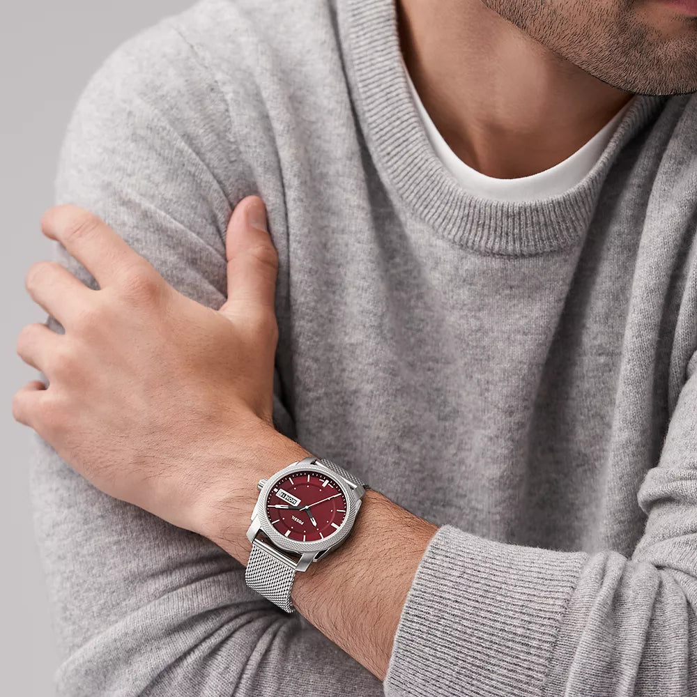 FOSSIL FS6014 MEN’S WATCH - ELEGANT BURGUNDY DIAL WITH SILVER MESH STRAP-i-Watch-4