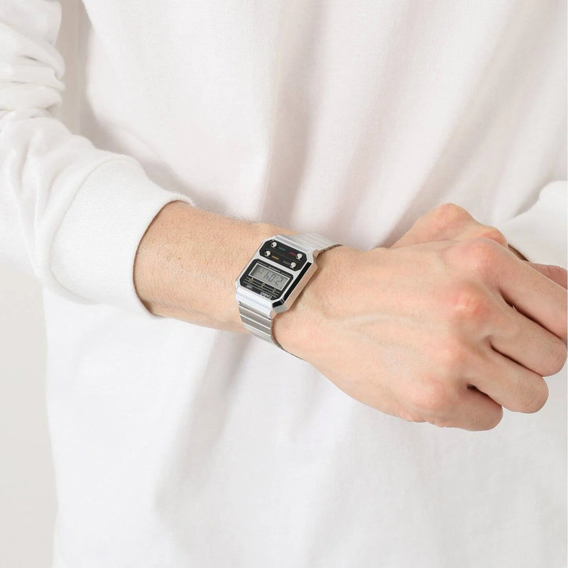 Casio A100we-1adf - Sporty Elegance Unisex Digital Watch With Silver Stainless Steel Band by i-watch