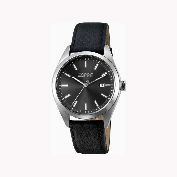 ESPRIT MEN'S BLACK DIAL STAINLESS STEEL WATCH - ELEGANT FAUX LEATHER STRAP