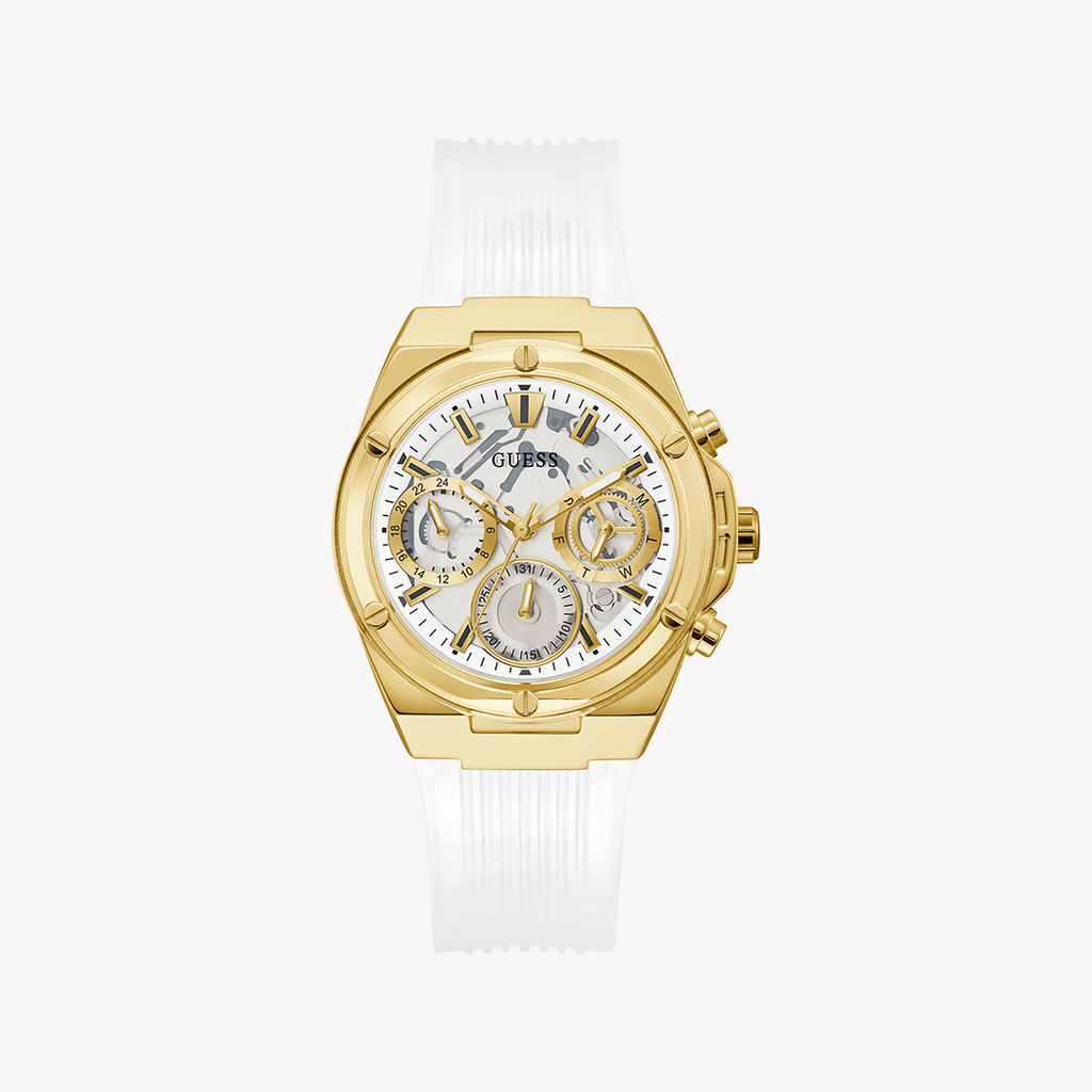 GUESS GW0409L2 RADIANT CHARM - MODERN SOPHISTICATION WOMEN'S WATCH with Gold-Tone Case & White Rubber Band