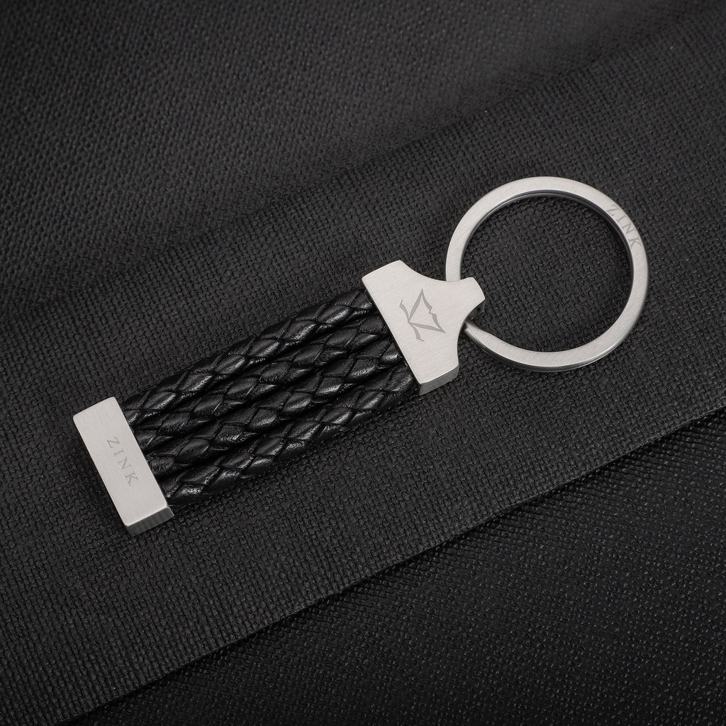 Zink Keychain - Silver & Black - Stainless Steel & Leather | Zjkc008b