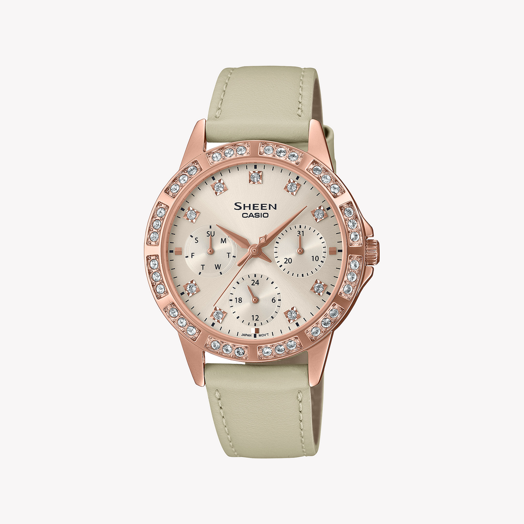 CASIO SHE-3517PGL-9AUEF - ELEGANT TIMEPIECE - CHIC ROSE GOLD WOMEN'S WATCH with Beige Leather Strap and Sparkling Dial