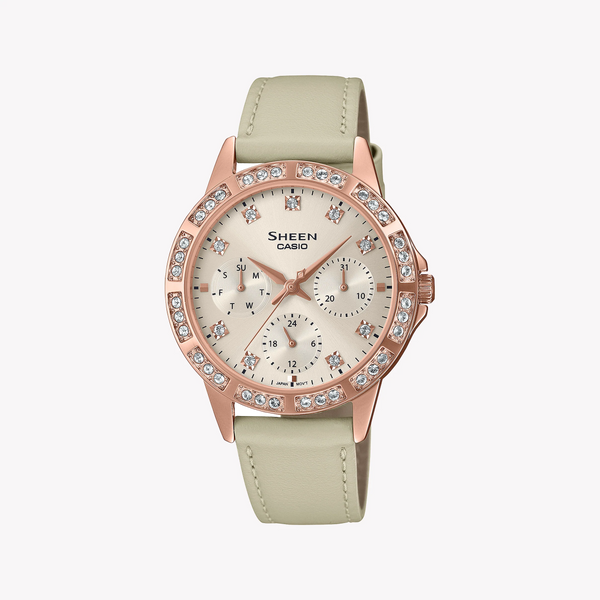 CASIO SHE-3517PGL-9AUEF - ELEGANT TIMEPIECE - CHIC ROSE GOLD WOMEN'S WATCH with Beige Leather Strap and Sparkling Dial