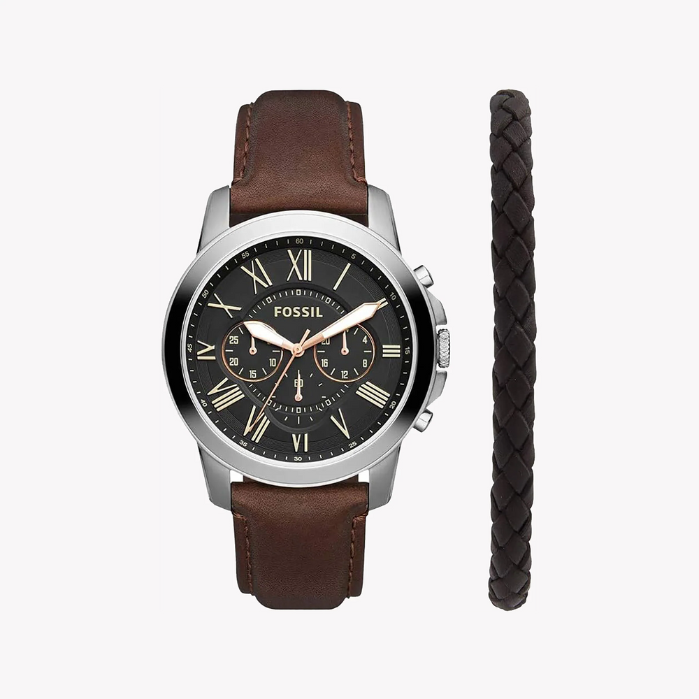 Fossil Men's Silver & Brown Leather Watch, Black Dial | Fs5390set by i-watch