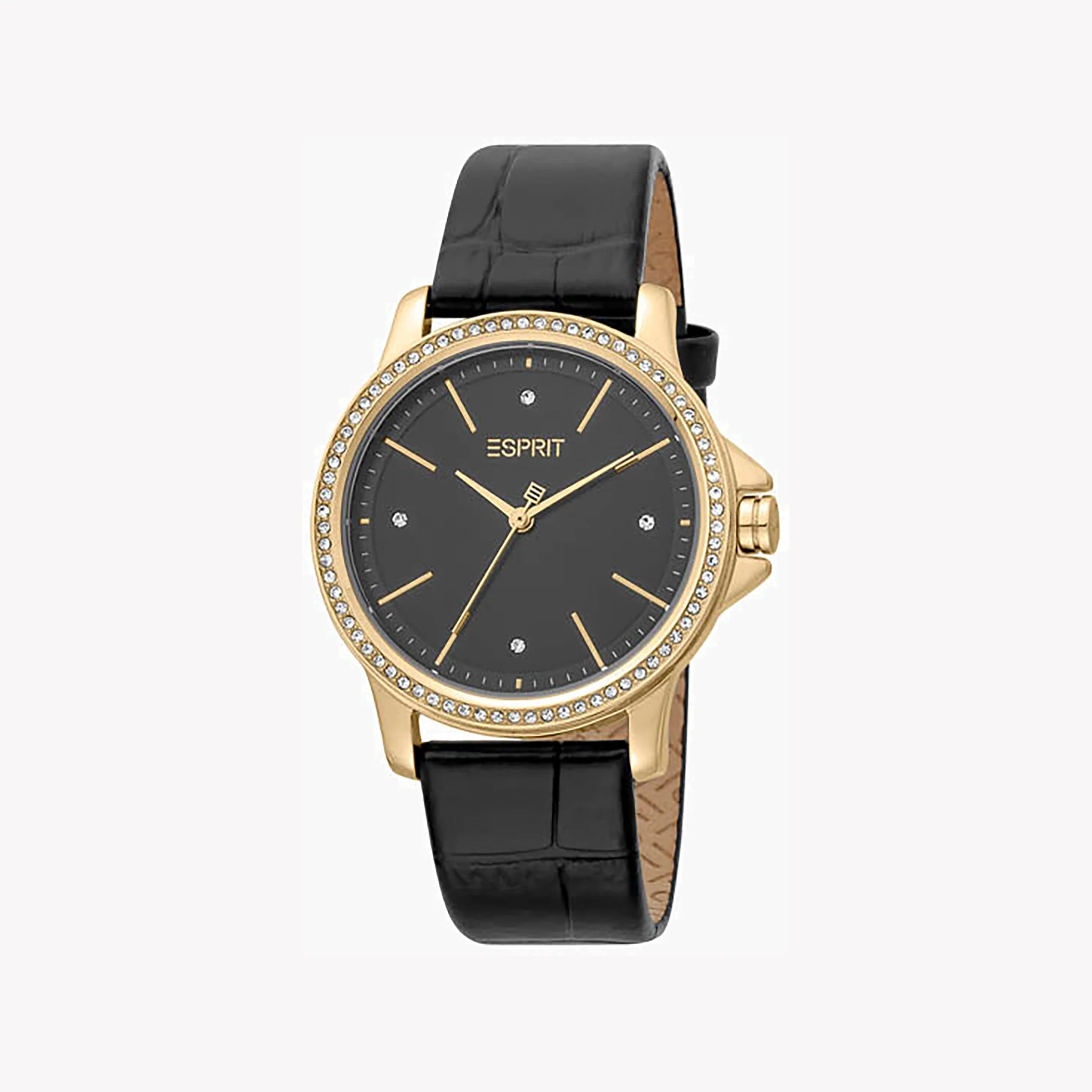 ESPRIT Women's Watch with Gold Stainless Steel Case and Black Leather Band