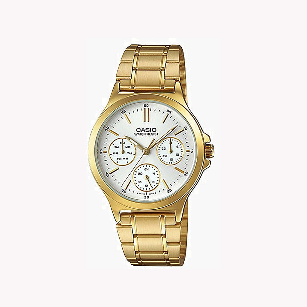 CASIO LTP-V300G-7AUDF ELEGANT ADVENTURER - Women's Gold-Tone Sports Watch with White Dial and Stainless Steel Band