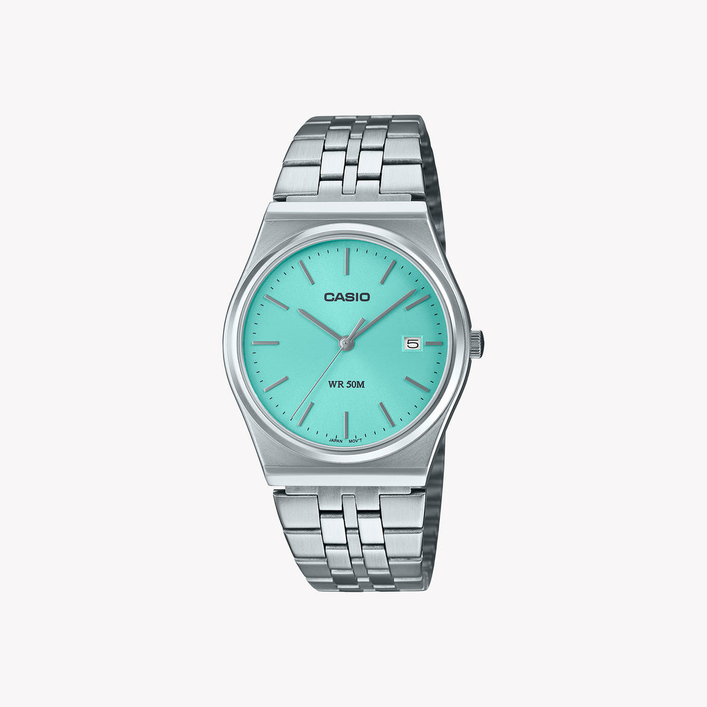 CASIO MTP-B145D-2A1V - BOLD CYAN DIAL & STYLISH SILVER STAINLESS STEEL UNISEX WATCH
