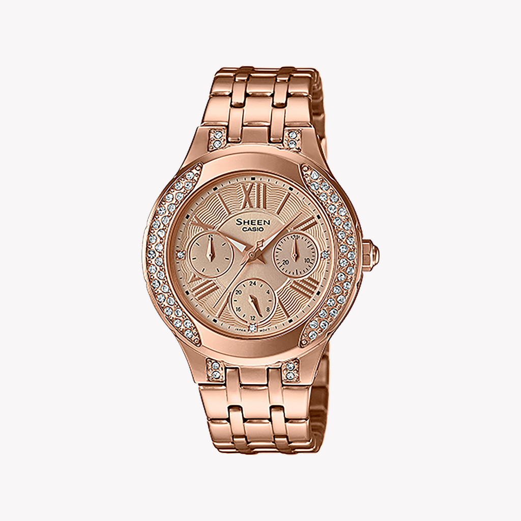 CASIO SHE-3809PG-9AUDR ELEGANT ROSE GOLD TIMEPIECE - STUNNING SWAROVSKI CRYSTALS & WATER RESISTANT