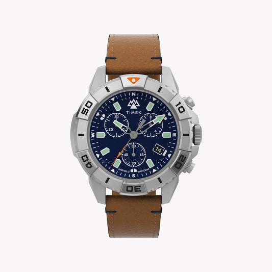 Montre pour homme Timex Expedition North® Ridge Chrono 42 mm LLB IP Boîtier en acier Cadran bleu Tan Bracelet en cuir végétalien respectueux de l'environnement TW2W16300