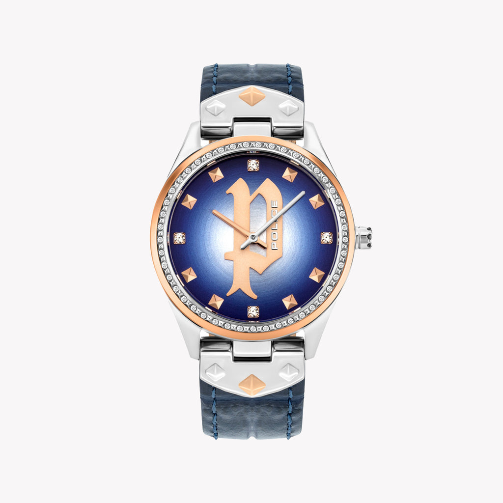 POLICE P16029MSTR03 - ELEGANT RETRO - Women's Chic Blue Dial & Gold Band Timepiece