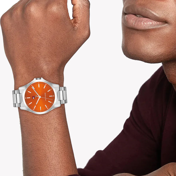Tommy Hilfiger Men's Silver Stainless Steel, Orange Dial | 1710678 by i-watch