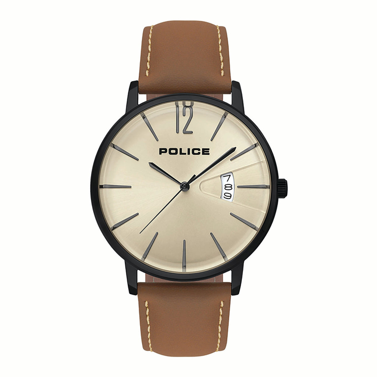 POLICE WATCH BOLD ELEGANCE - MEN'S STUNNING CHAMPAGNE DIAL & BROWN LEATHER STRAP TIMEPIECE