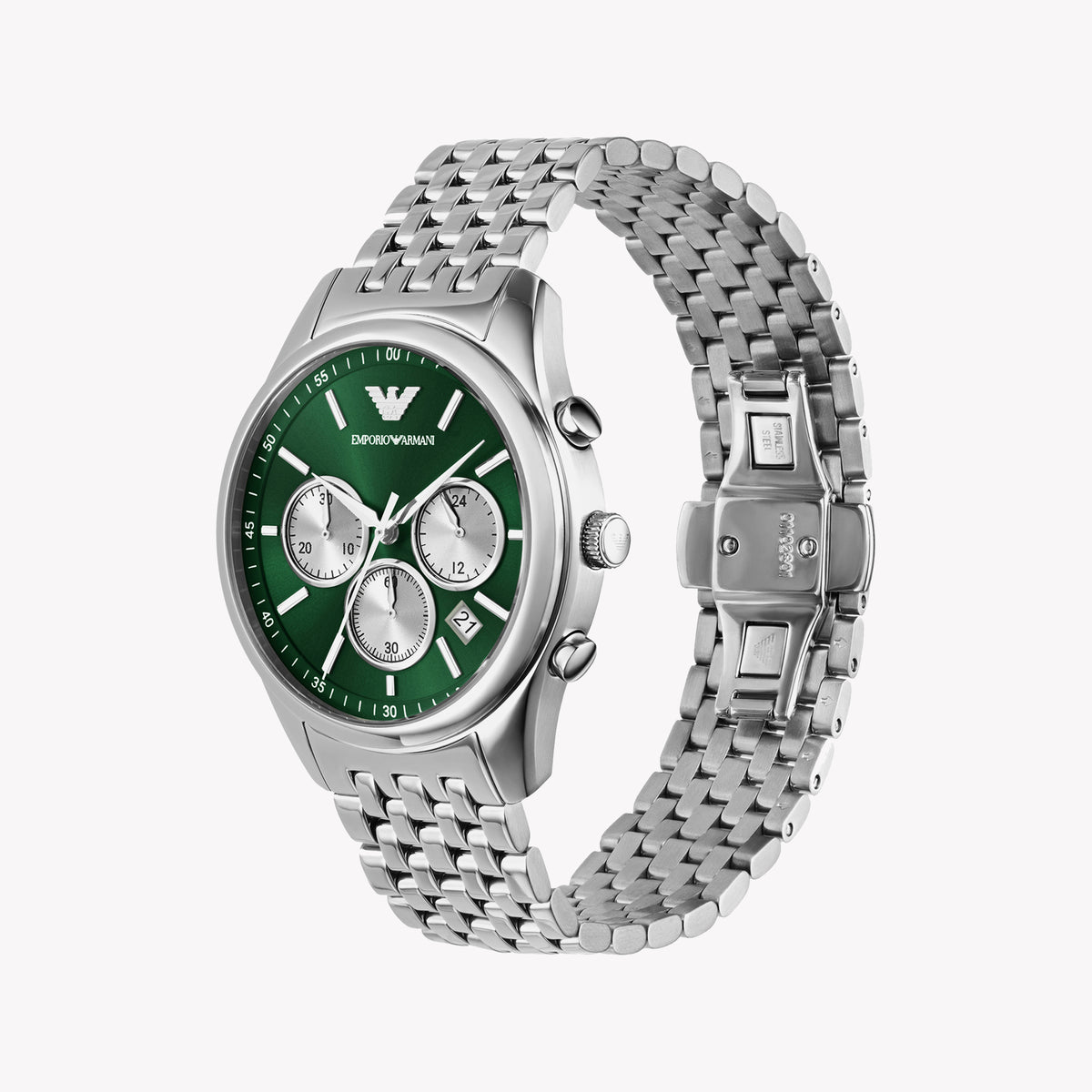 EMPORIO ARMANI AR11581 - BOLD SILVER STYLE WITH VIBRANT GREEN DIAL FOR MODERN MEN