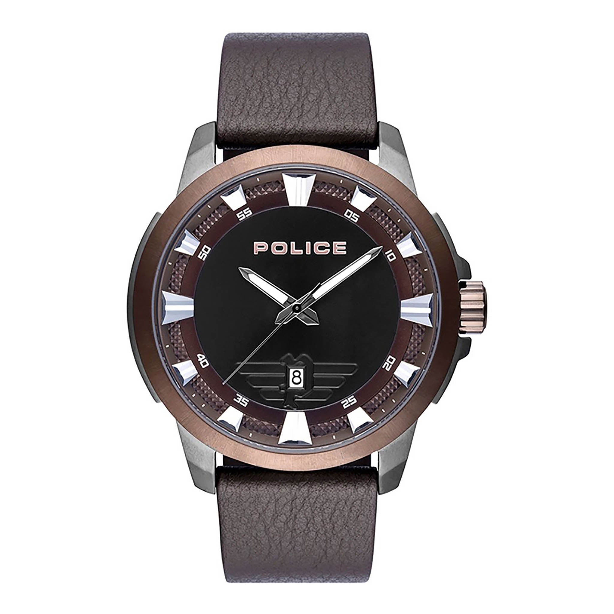 POLICE MEN'S TIMEPIECE - STYLISH BROWN LEATHER & BOLD BLACK DIAL - 42MM RESISTANT WATCH