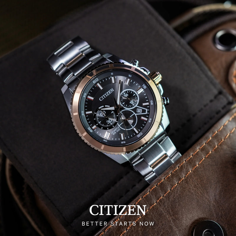 Citizen Men's Silver & Gold Stainless Steel Watch, Black Dial | An8204-59h by i-watch