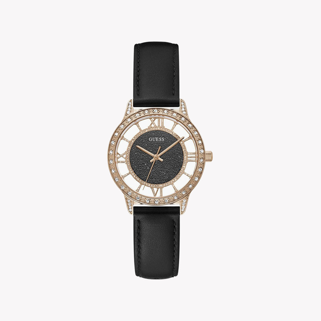 GUESS GW0376L2 ELEGANT TIMEPIECE - CHIC ROSE GOLD & BLACK LEATHER WOMEN'S WATCH