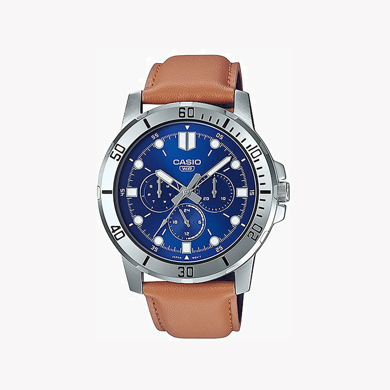 Casio Men's Stainless Steel Blue Dial, Beige Leather | Mtp-Vd300l-2e by i-watch