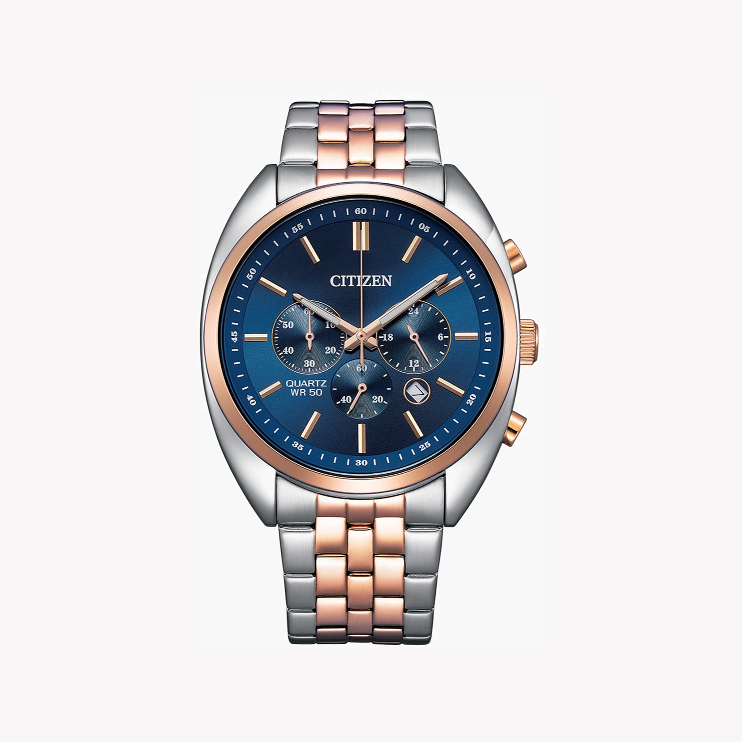 CITIZEN AN8216-50L DYNAMIC PRECISION - STYLISH MEN'S CHRONOGRAPH WATCH with Blue Dial & Silver-Rose Gold Band