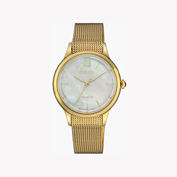 Citizen Em0812-89d - Radiant Elegance: Women's Gold Eco-Drive Watch With Pearl Dial & Mesh Band by i-watch