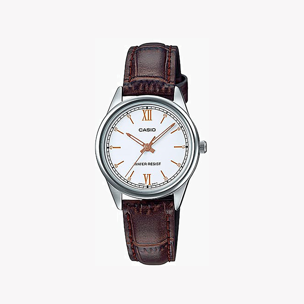 CASIO Women's Watch with Silver Metal Case and Brown Leather Band