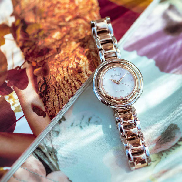 Citizen Eco-Drive Em0666-89d Radiant Charm - Elegant Light-Powered Women's Watch In Silver & Rose Gold by i-watch