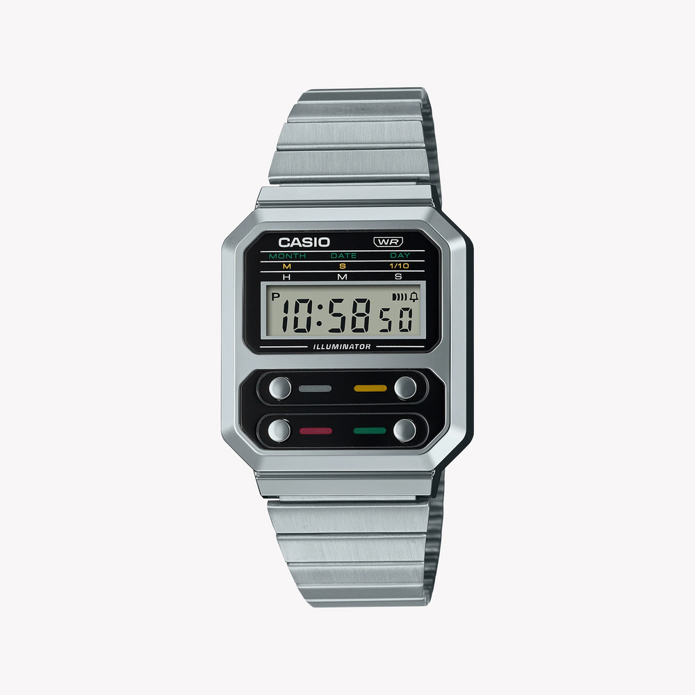 Casio A100we-1adf - Sporty Elegance Unisex Digital Watch With Silver Stainless Steel Band by i-watch