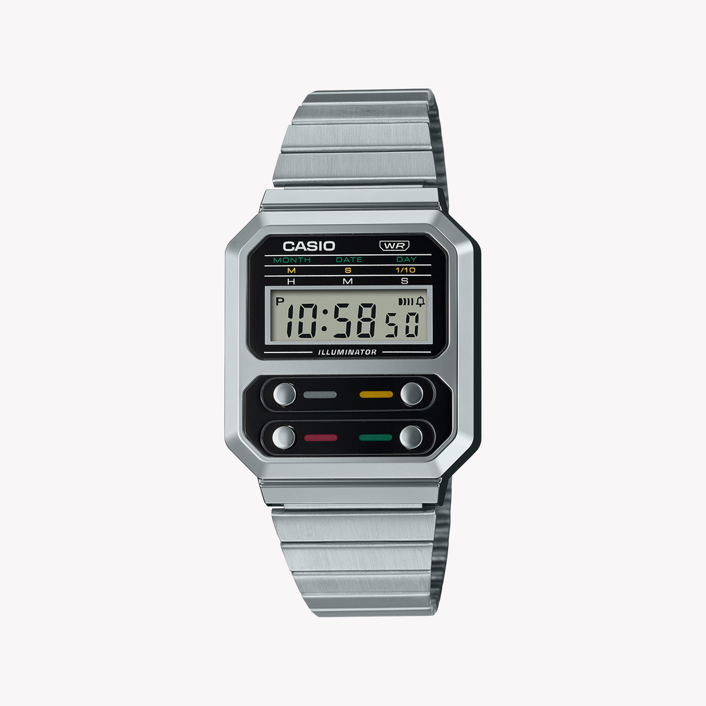 CASIO A100WE-1ADF - SPORTY ELEGANCE UNISEX DIGITAL WATCH WITH SILVER STAINLESS STEEL BAND