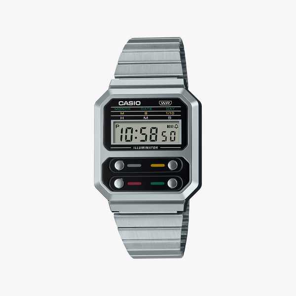 Casio A100we-1adf - Sporty Elegance Unisex Digital Watch With Silver Stainless Steel Band by i-watch