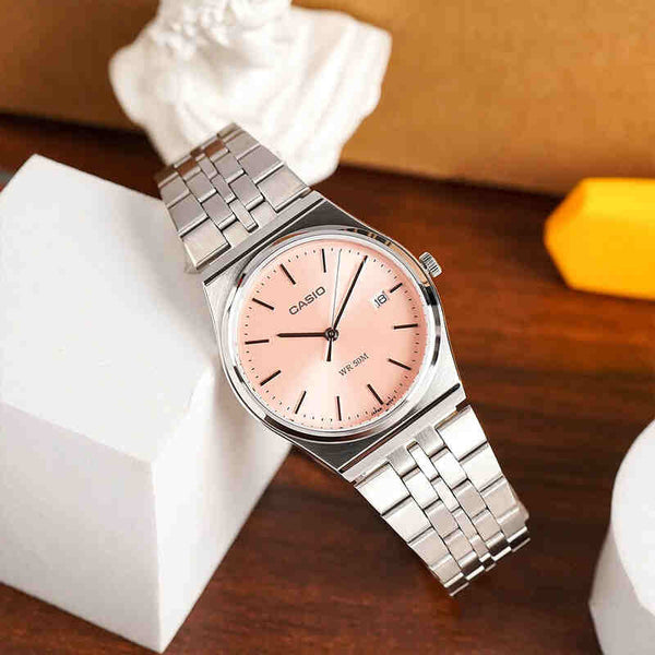 Casio Men's Silver Stainless Steel, Rose Dial | Mtp-B145d-4av by i-watch