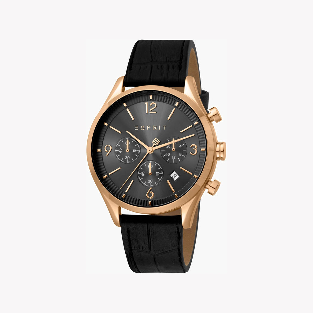 ESPRIT MEN'S TIMEPIECE - ELEGANT BLACK LEATHER & ROSE GOLD ROUND WATCH