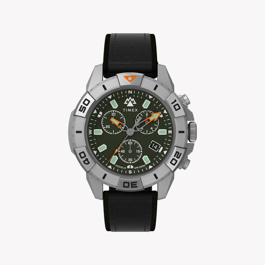 Montre pour homme Timex Expedition North® Ridge Chrono 42 mm LLB IP Boîtier en acier Cadran vert foncé Noir Cuir végétalien respectueux de l'environnement TW2W16100