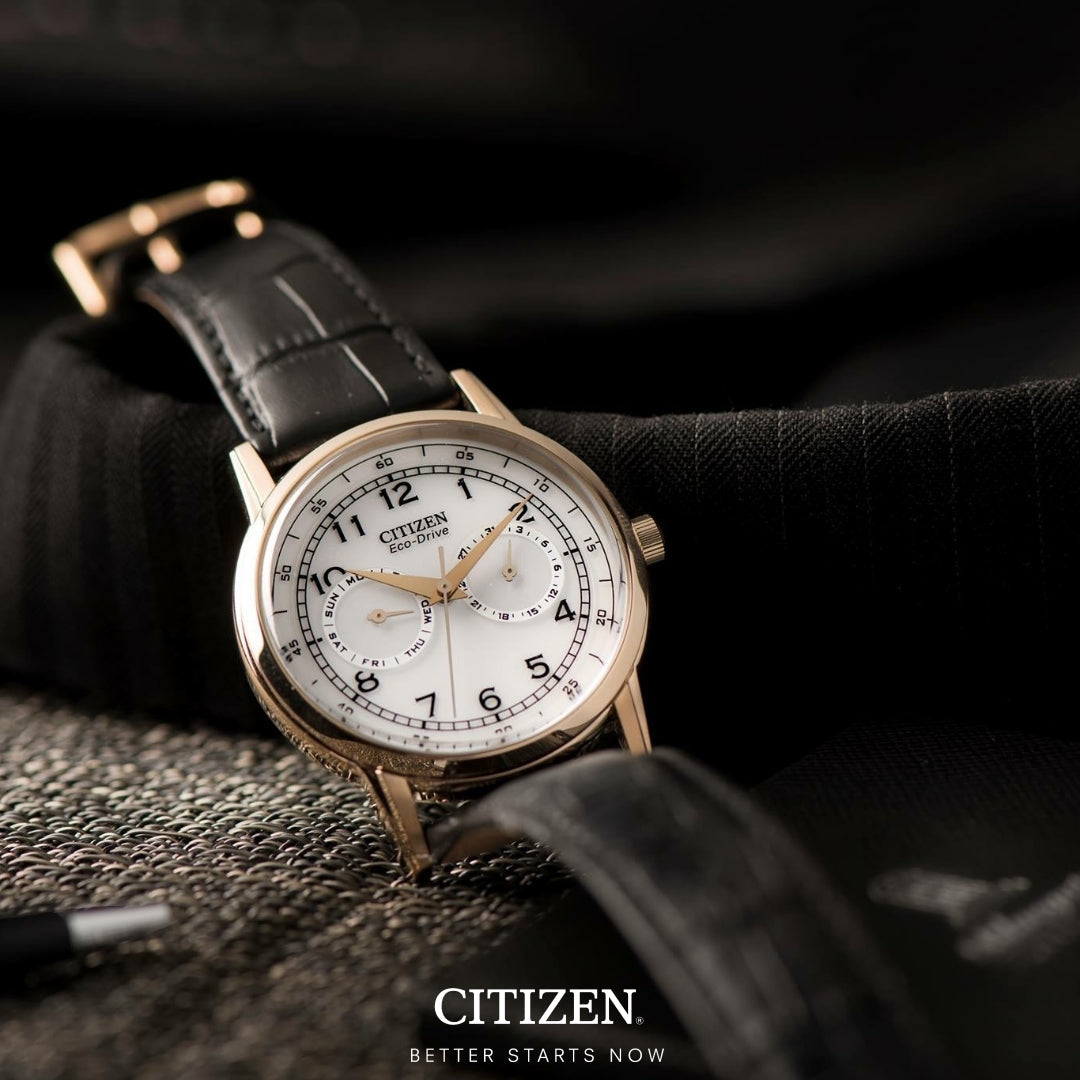 CITIZEN AO9003-16A ECO-DRIVE - MODERN LUXURY MEN'S WATCH with Gold Case & Black Leather Band