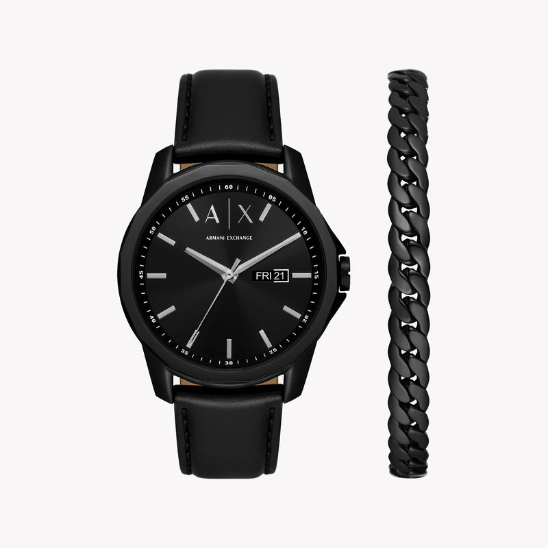 Armani Exchange Men's Black Leather Watch, Black Dial | Ax7147set by i-watch