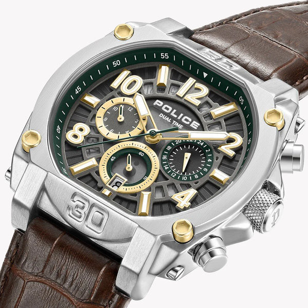 Police Men's Silver Stainless Steel, Brown Leather | Pewjf0021902 by i-watch