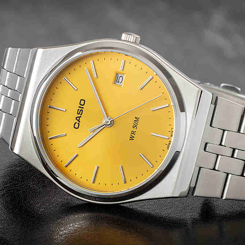 Casio Men's Silver Stainless Steel Watch, Yellow Dial | Mtp-B145d-9av by i-watch