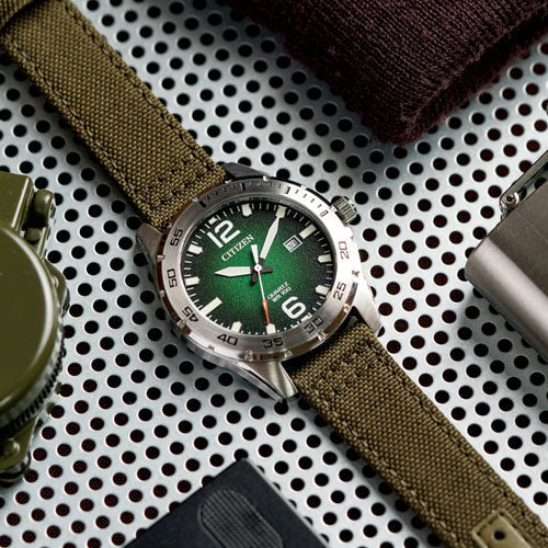 Citizen Bi1041-06x - Modern Man's Stylish & Functional Timepiece With Green Dial & Nylon Band by i-watch