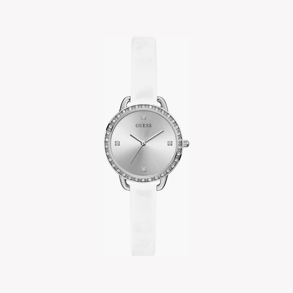 GUESS GW0099L1 - ELEGANTLY TIMELESS WOMEN'S WATCH with Sleek Silver Dial & White Leather Band