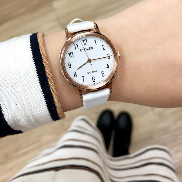 CITIZEN EM0579-14A ROSE GOLD ELEGANCE - CHIC WOMEN'S WATCH with White Leather Band & Eco-Drive Technology-i-Watch-4