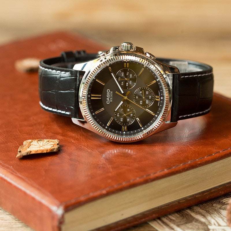 Timeless Elegance Men's IP Silver Watch, Leather Strap | MTP-1375L-1AVDF