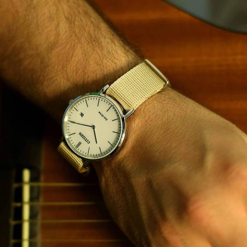 CITIZEN AU1080-20A DYNAMIC STYLE - ECO-DRIVE MEN'S WATCH with Silver Case & Beige Nylon Band-i-Watch-2