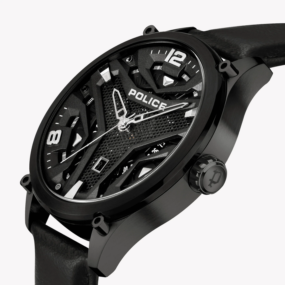 Police Men's Black Leather Watch, Gray Dial | Pewjb2203040 by i-watch