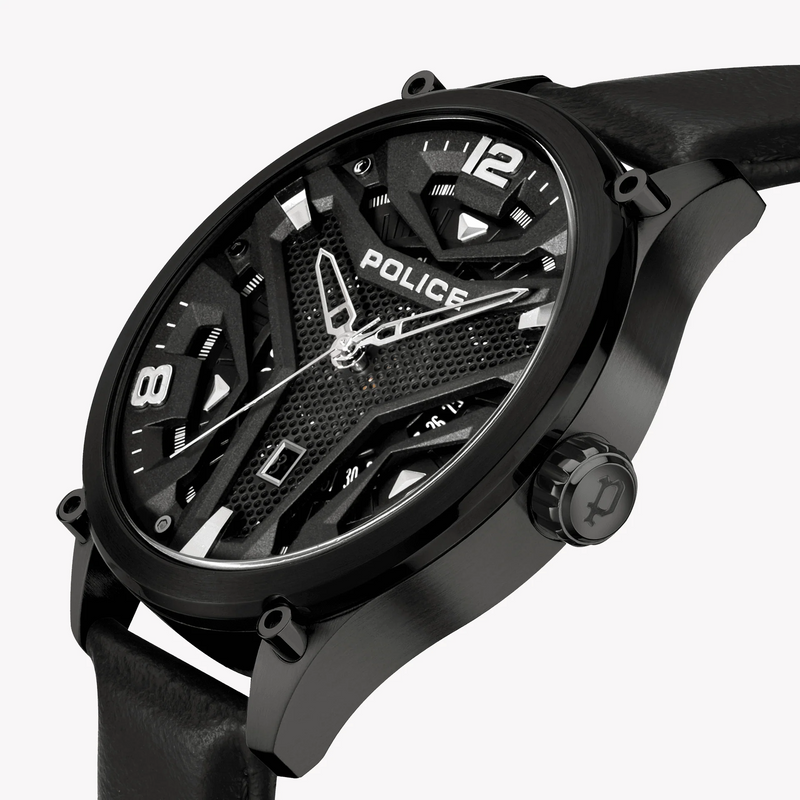 Police Men's Black Leather Watch, Gray Dial | Pewjb2203040 by i-watch