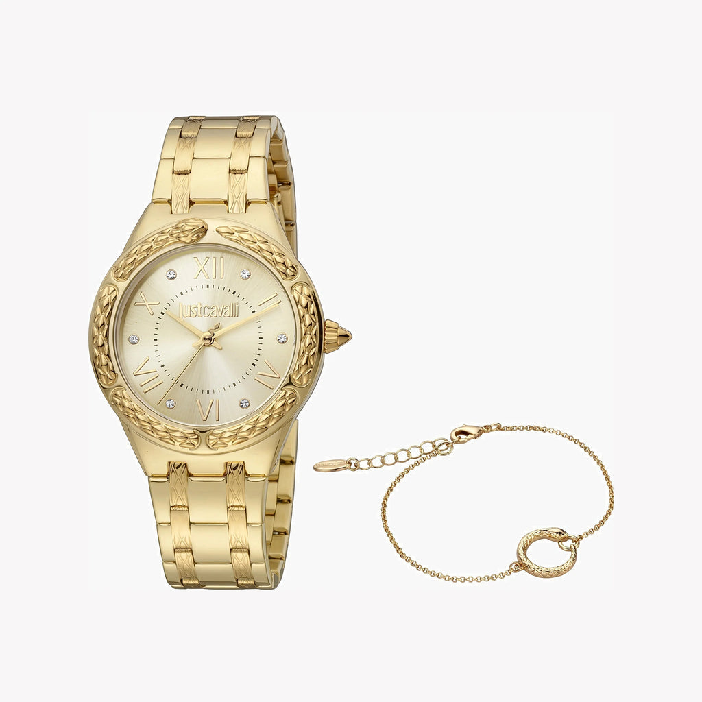 JUST CAVALLI Women's Watch with Gold Stainless Steel Case and Gold Stainless Steel Band