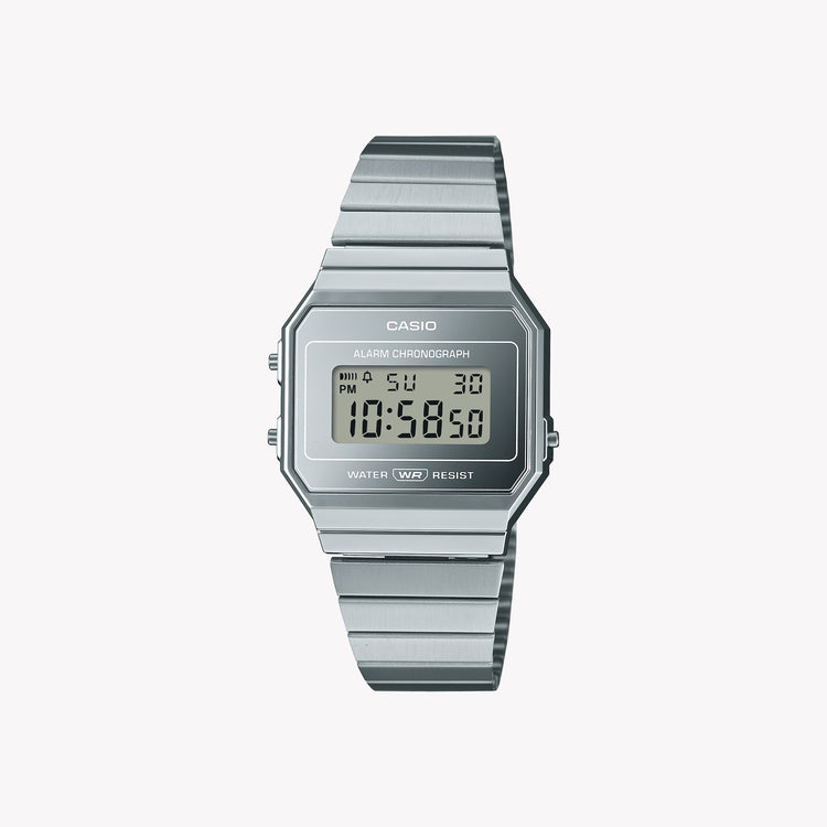 Casio Unisex Resin Watch, Silver Metal Strap | A700WEV-7AEF