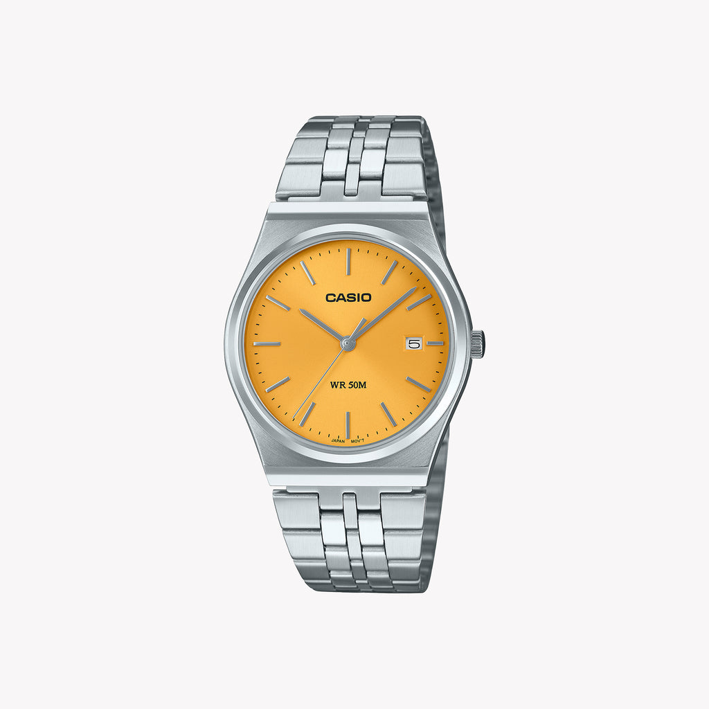 CASIO MTP-B145D-9AV DYNAMIC STYLE - VIBRANT YELLOW DIAL STAINLESS STEEL WATCH