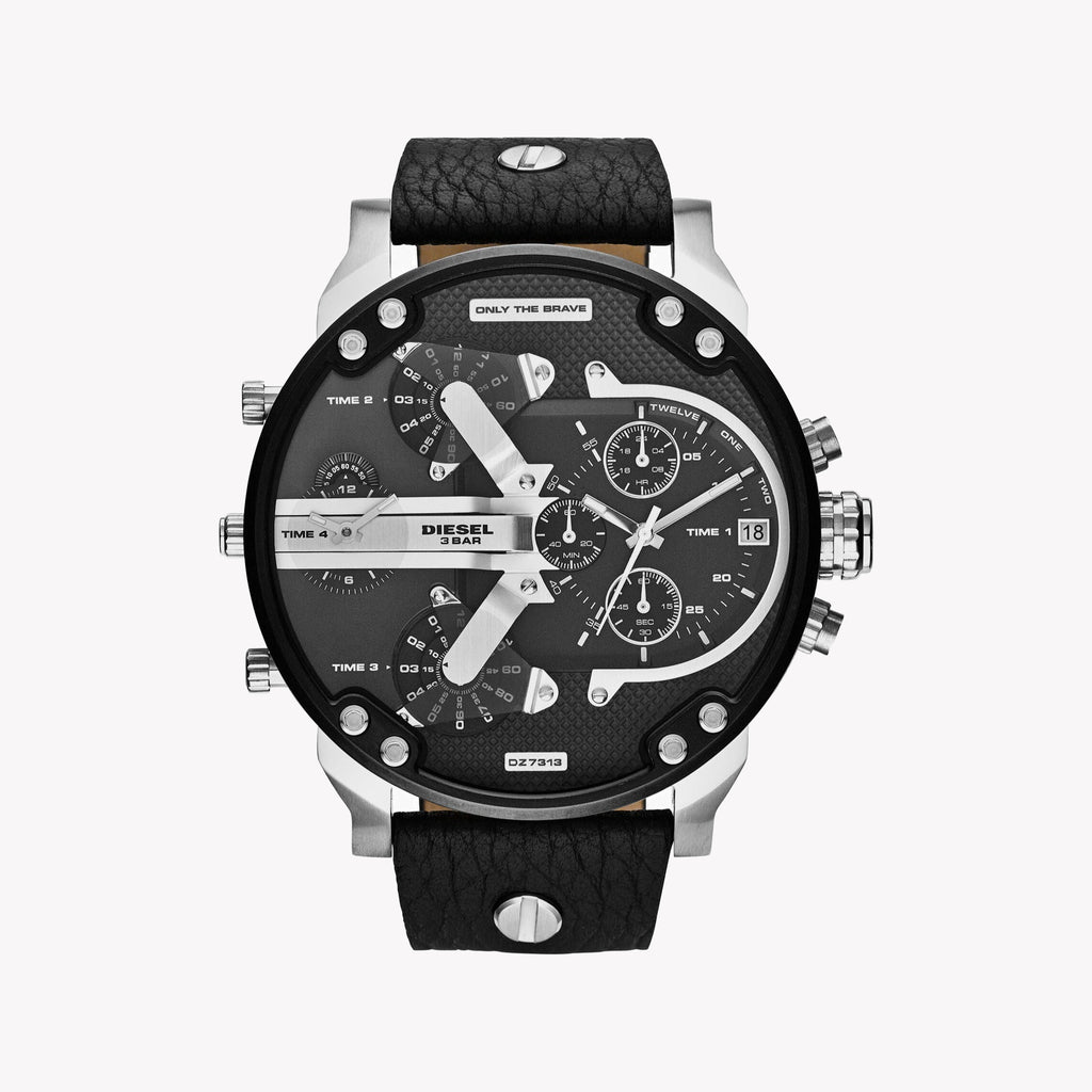 DIESEL DZ7313 BOLD COMMANDER - STAINLESS STEEL POWERHOUSE MEN'S WATCH with black leather band and striking silver finish