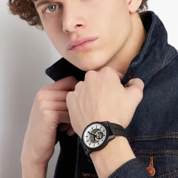 Armani Exchange Men's Black Silicone Watch, Silver Dial | Ax1726