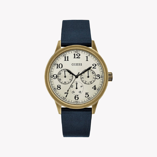 GUESS W1101G2 BOLD ELEGANCE - MEN'S GOLD & BLUE LEATHER WATCH WITH WHITE DIAL
